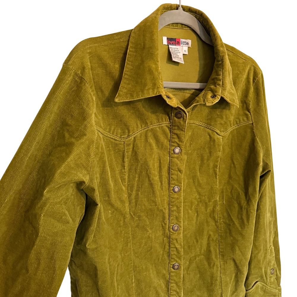Vintage Olive Green Corduroy Western Snap Front Shirt Jacket XL Fall Boho